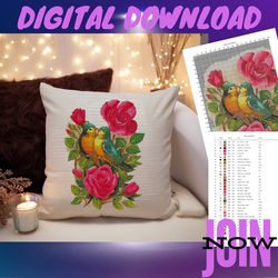 charming lovebirds and roses cross stitch pattern - digital download