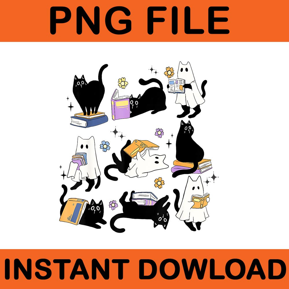 Ghost Black Cat Reading Books Spooky Halloween PNG 0