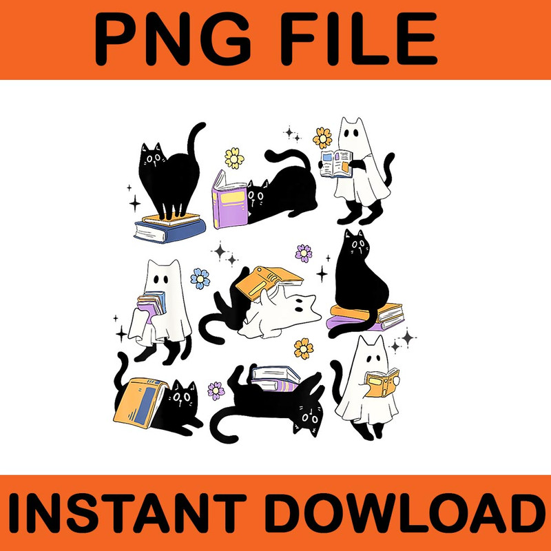 Ghost Black Cat Reading Books Spooky Halloween PNG 0