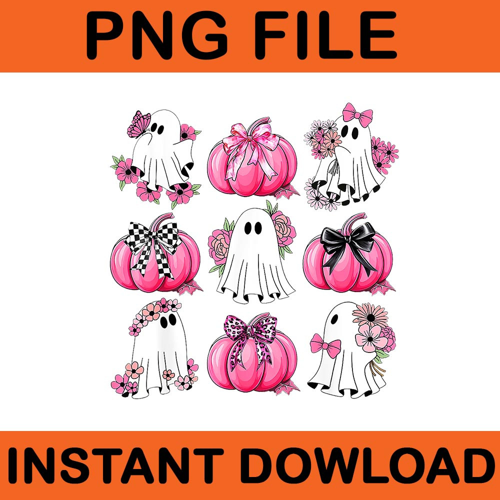 Coquette Bows Pumpkins Ghost Florals Pink Halloween PNG 0
