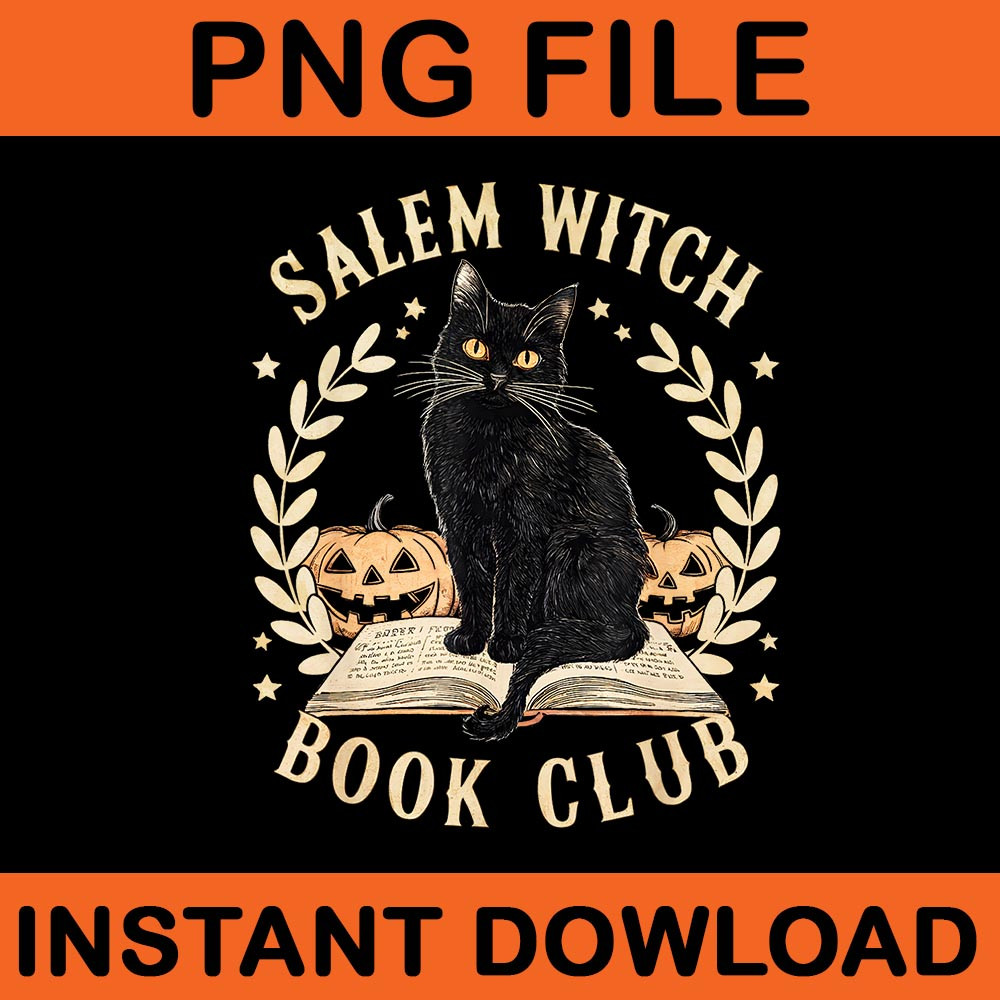 Salem Witch Book Club Black Cat Witch Spooky Halloween PNG 0