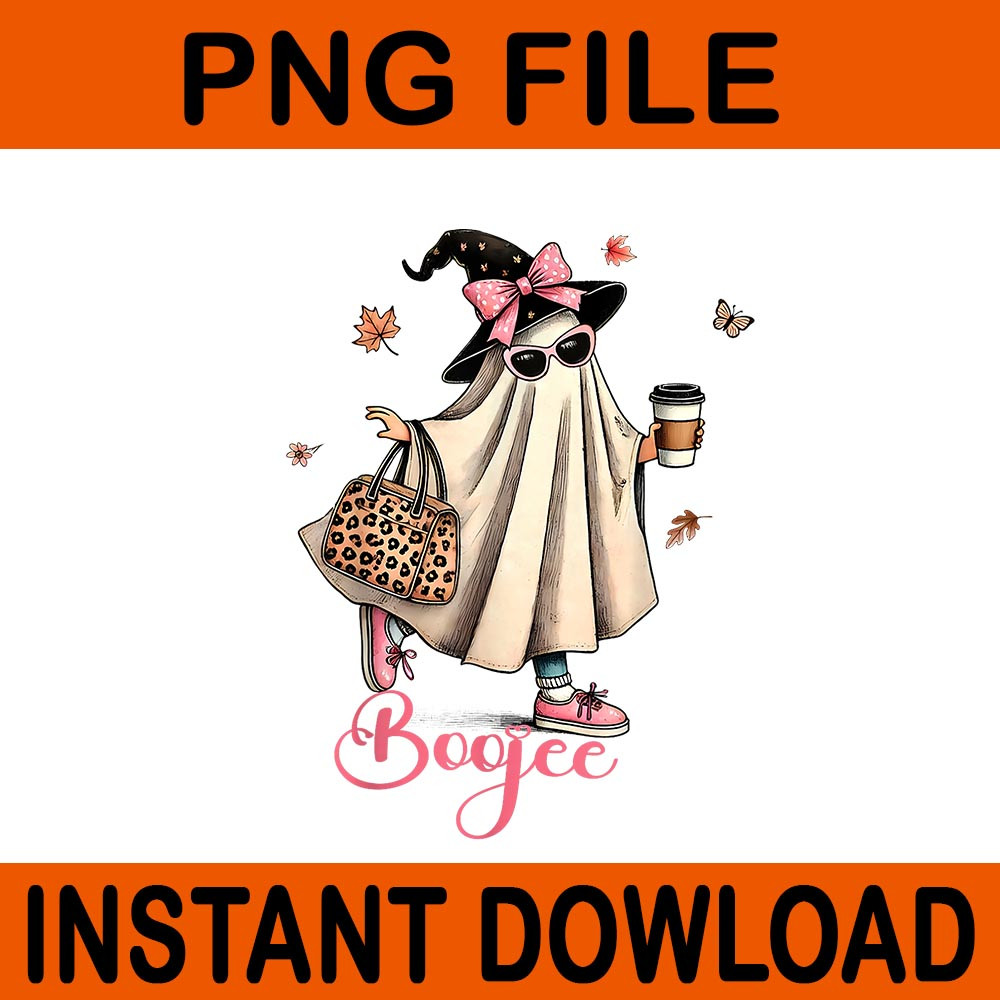 Boo Jee Ghost Drinking Coffee Coquette Bow Halloween PNG 0