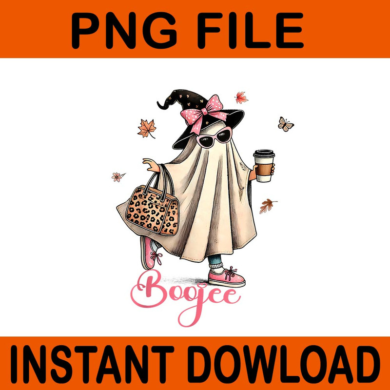 Boo Jee Ghost Drinking Coffee Coquette Bow Halloween PNG 0