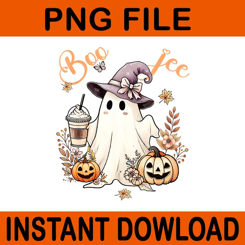 Boo Jee Ghost Drinking Coffee Coquette Bow Halloween PNG 1