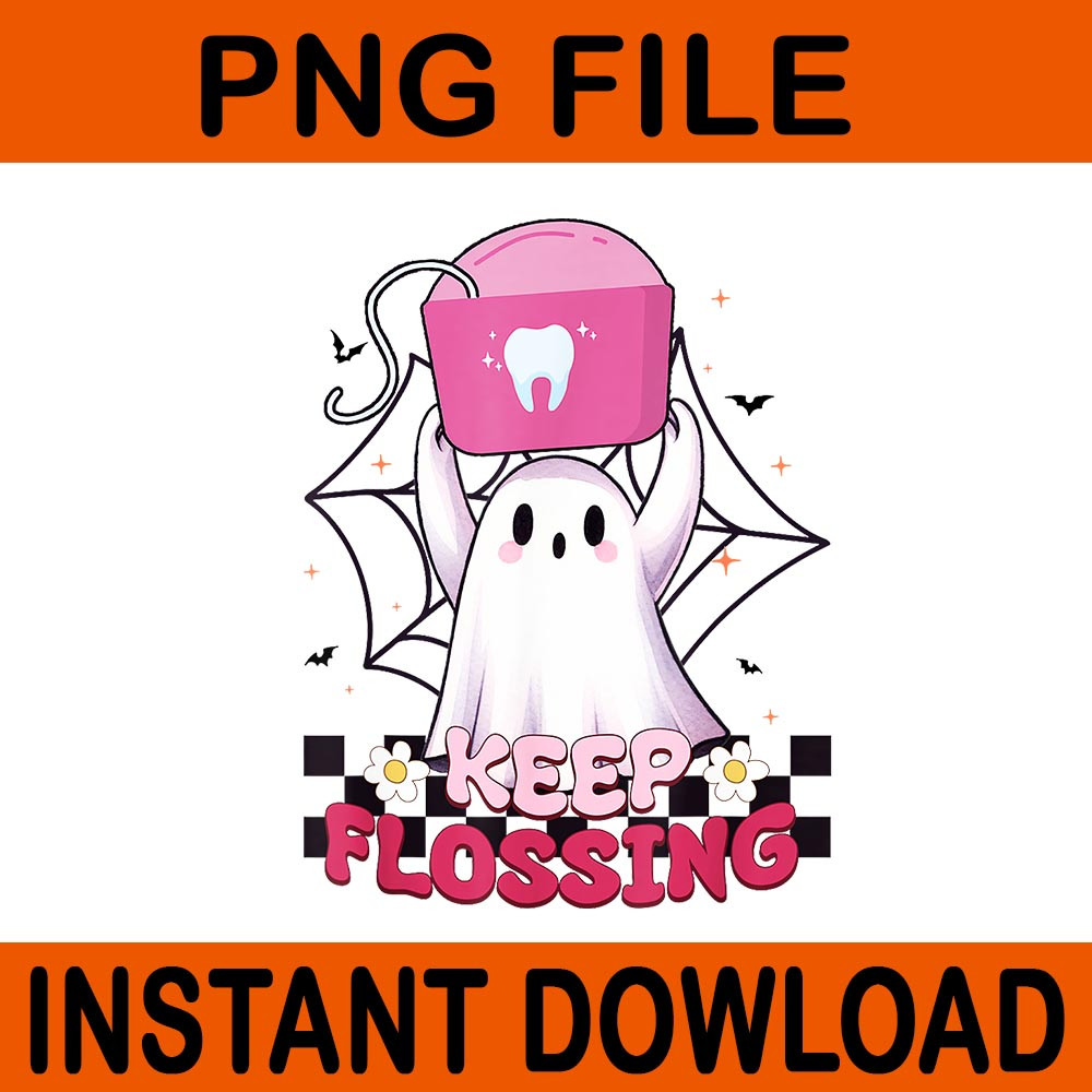 Keep Flossing Ghost Groovy Dental Hygiene Halloween Crew PNG 0
