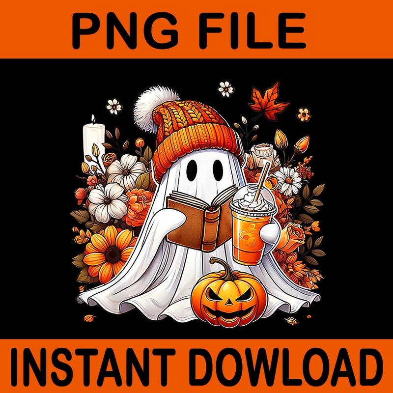 Ghost Drinking Coffee Halloween Pumpkin Flower PNG 0