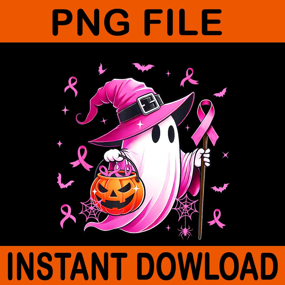 Pink Ghost Witch Breast Cancer Awareness Halloween PNG 0
