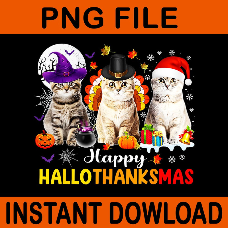 Happy Hallothanksmas Cats Halloween Thanksgiving Christmas PNG 0