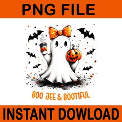 boo jee & bootiful ghost drinking coffee coquette bow halloween png
