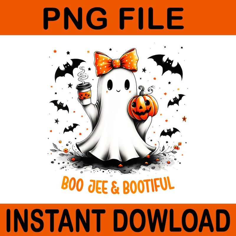 Boo Jee Bootiful Ghost Drinking Coffee Coquette Bow Halloween PNG 0