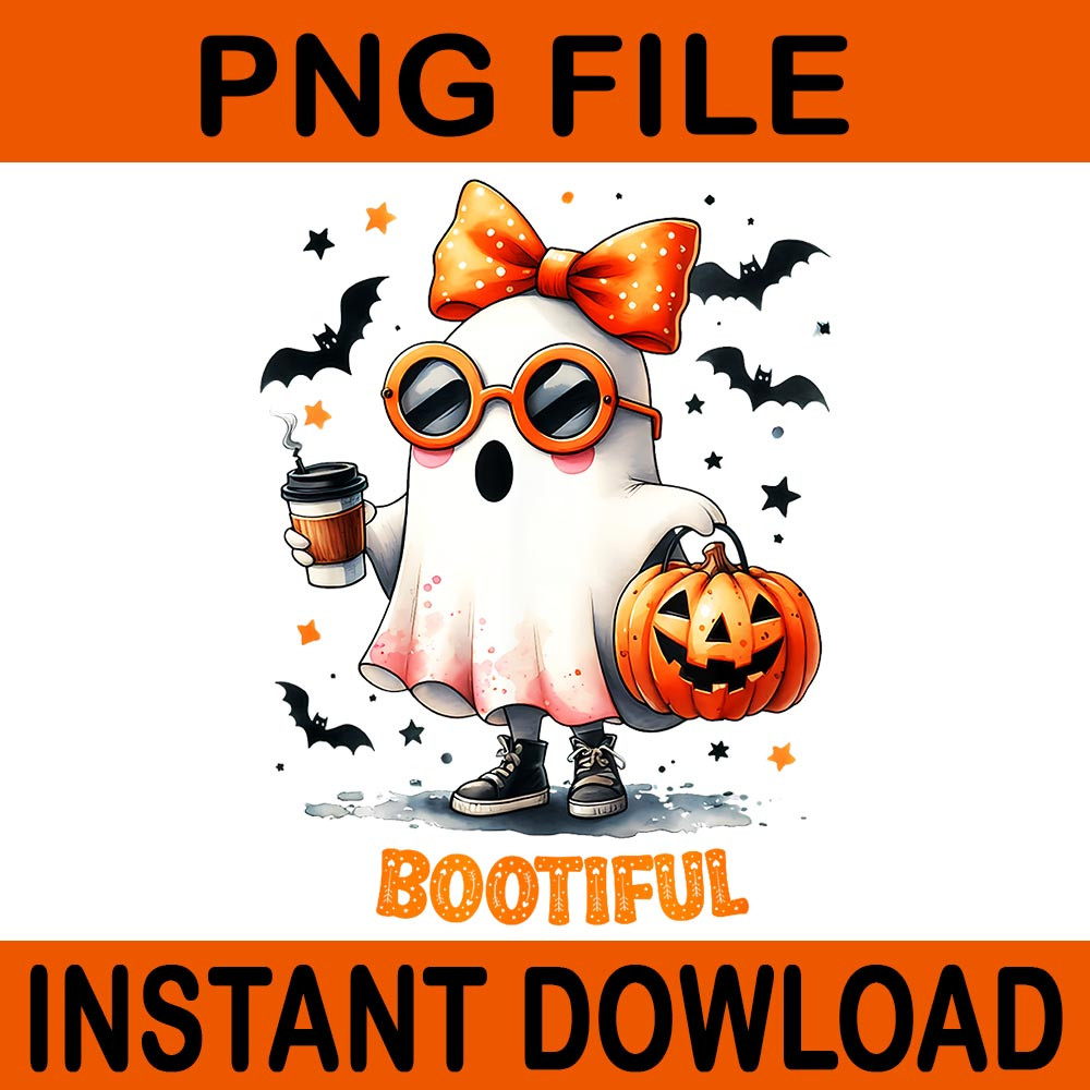 Bootiful Ghost Drinking Coffee Coquette Bow Halloween PNG 0