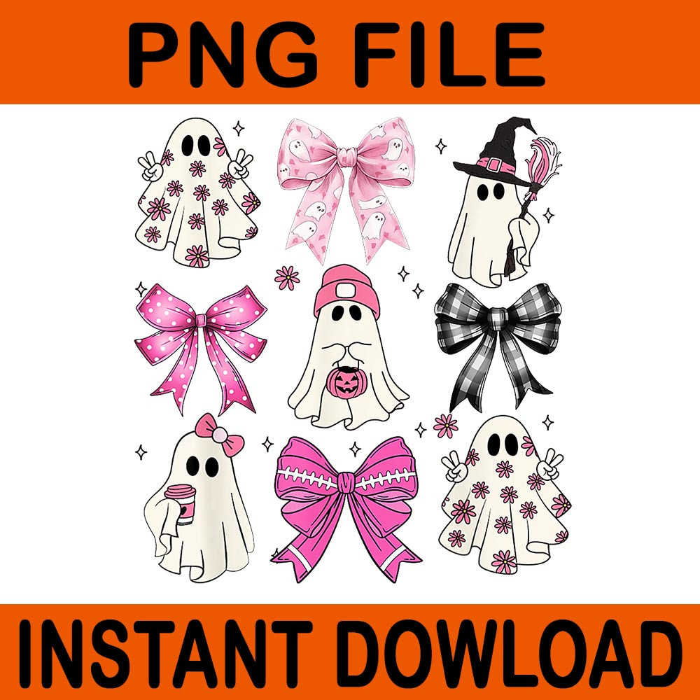 Pink Ghost Bow Coquette Halloween Spooky Season PNG 0