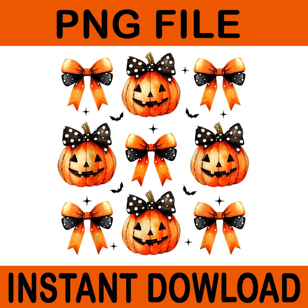 Halloween Coquette Bow Pumpkin Face Spooky Season PNG 0