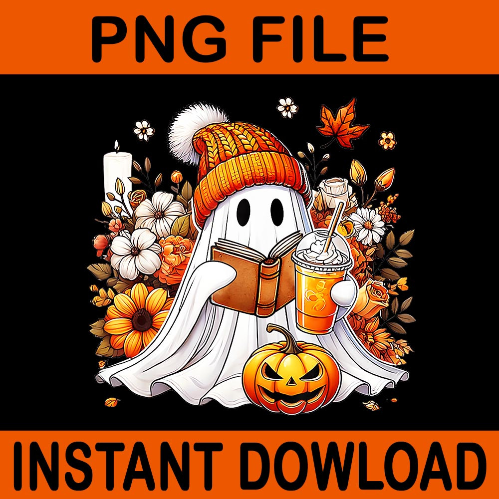 Ghost Drinking Coffee Book Reading Halloween Pumpkin PNG 0