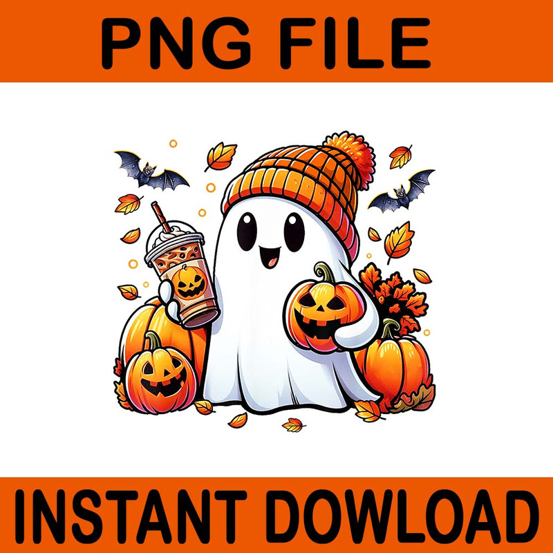 Cute Ghost Drinking Coffee Halloween PNG 1