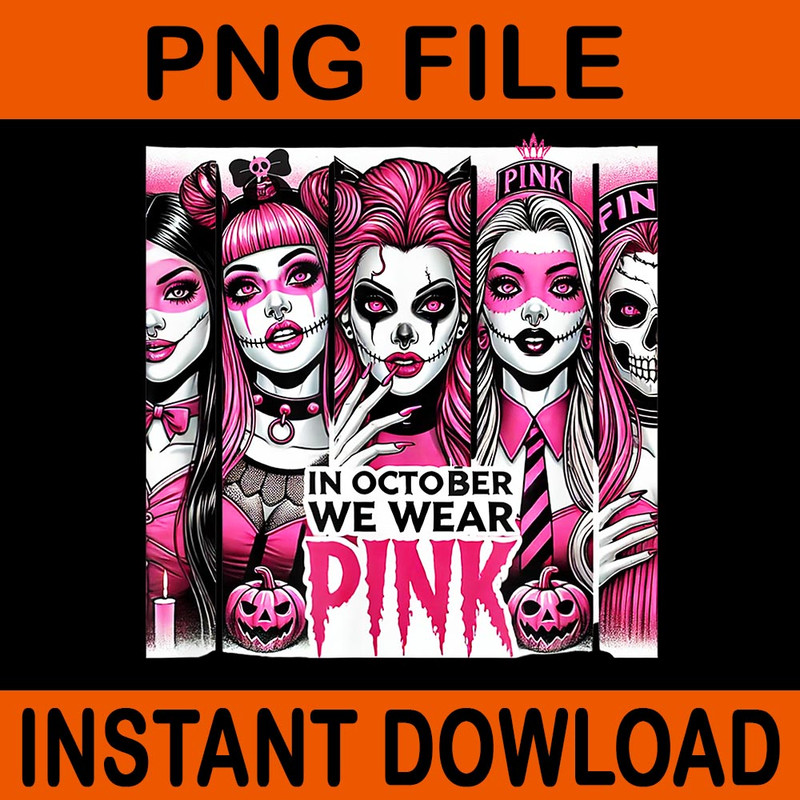 Horror Girl In October We Wear Pink Breast Cancer Halloween PNG 0