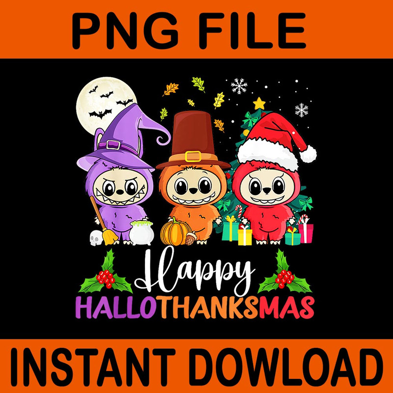 Happy Hallothanksmas Labubu Halloween Fall Christmas PNG 0