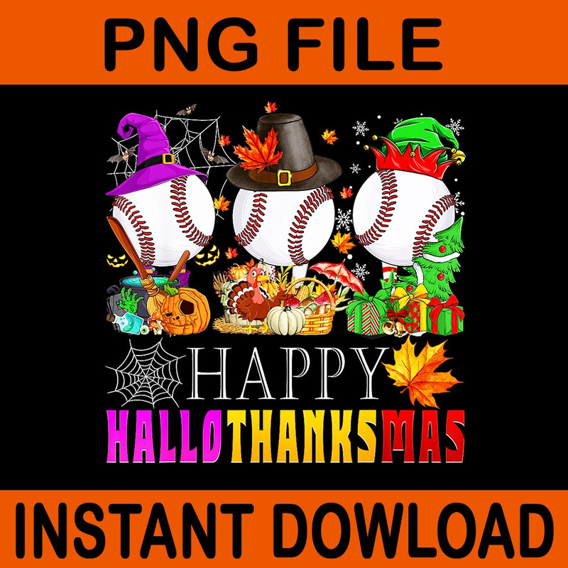 Happy Hallothanksmas Baseball Halloween Thanksgiving Xmas PNG 0