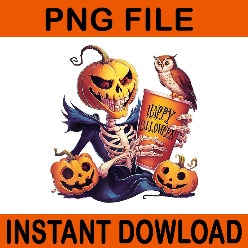 Coffee Drinking Skeleton Pumpkin Halloween PNG 0