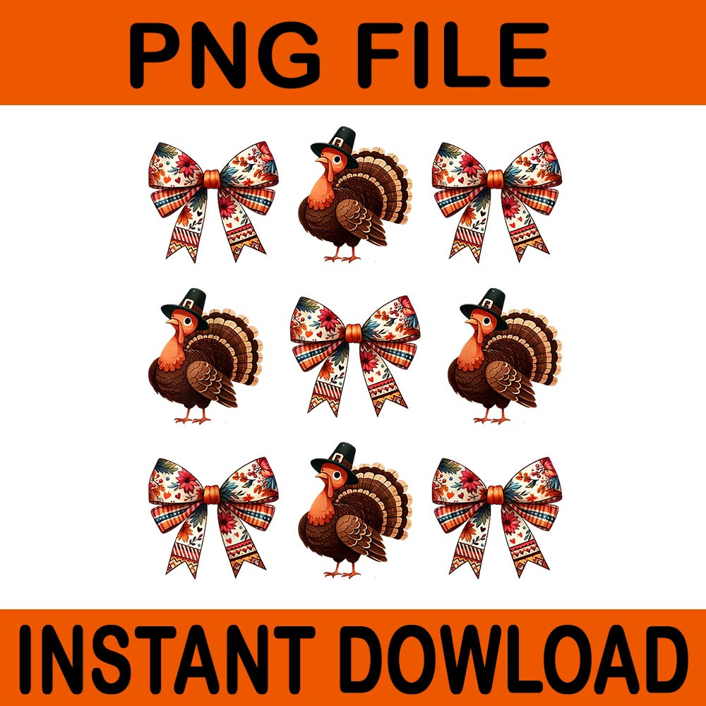 Retro Thanksgiving Fall Pumpkin Bow Coquette PNG 0
