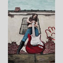 Electric Guitar Girl Street Musician Original Painting On Canvas Handmade Acrylic Art Unique Wall Decor Art Work