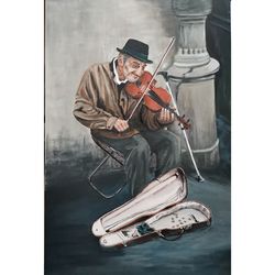 Street Musician Old Fiddler Original Painting On Canvas Unique Wall Art Hand Painted Original Artwork Handmade Art