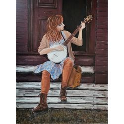 Girl With The Banjo Street Musician Original Portrait Painting On Canvas Handmade Art Unique Wall Art Hand Painted