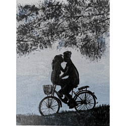 Two Lovers On A Bicycle Original Minimalistic Color Painting Handmade Art Unique Wall Art Hand Painted Art Work