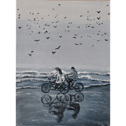 Two Lovers Bicycle Trip Original Romantic Painting Handmade Art Unique Wall Art Hand Painted Original Artwork