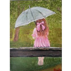 Girl With An Umbrella Original Painting On Canvas Unique Wall Art Hand Painted Art Work By RinaArtSK