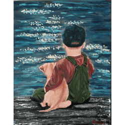 Boy With Dog Original Scene Painting On Canvas Unique Handmade Wall Art Art Work By RinaArtSK