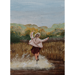 Girl On The Field Original Painting Of A Child Small Format Unique WAll Art Hand Painted Art Work By RinaArtSK