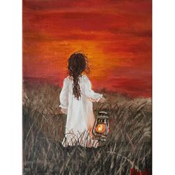 Little Girl At Sunset Child Scene Painting Handmade Wall Art By RinaArtSK