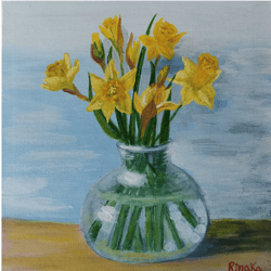 Daffodil Flowers Still Life Original Painting Unique Wall Art Hand Painted By RinaArtSK