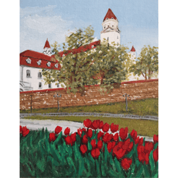 Cityscape Original Painting Tulip Scenery Bratislava Castle Unique Wall Art By RinaArtSK