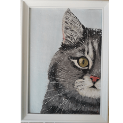Cat Portrait Original Painting On Canvas Handmade Art By RinaArtSk