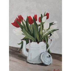 Tulip Bouquet Original Flowers Painting Handmade Art By RinaArtSK
