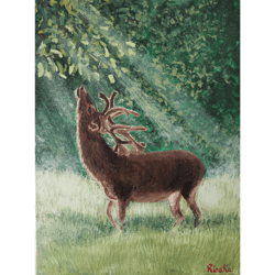 deer landscape original art animal painting unique wall decor hand painted by rinaartsk