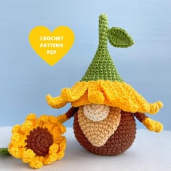 sunflower gnome crochet pattern, spring garden flower pdf tutorial, garden gnome, flower gnome