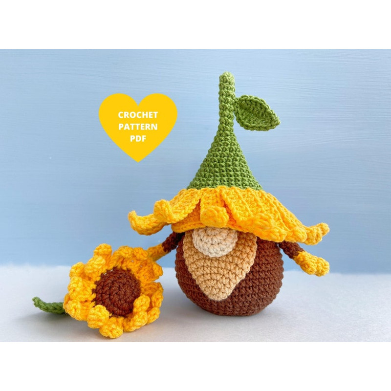 Sunflower Gnome Crochet Pattern Spring Garden Flower PDF Tutorial Garden Gnome Flower Gnome 0