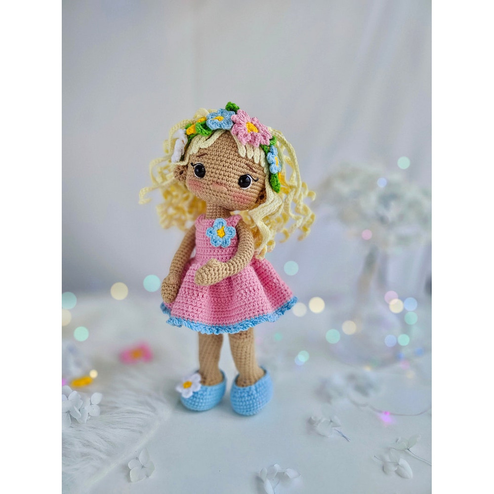 Crochet Doll English Pattern In Pink Dress Amigurumi Spring Doll With Flowers Stuffed Cute Doll 1