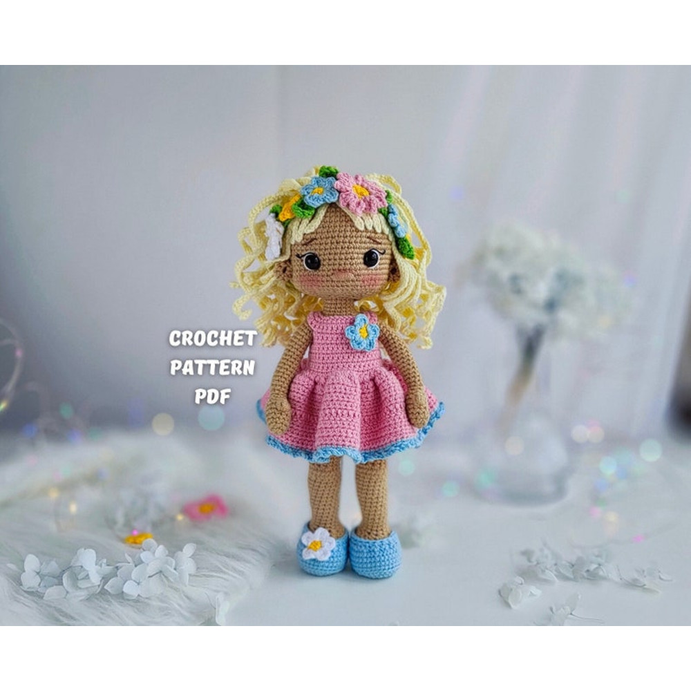 Crochet Doll English Pattern In Pink Dress Amigurumi Spring Doll With Flowers Stuffed Cute Doll 7