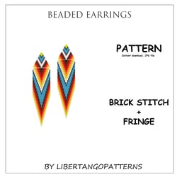 brick stitch pattern, bead earrings with fringe, native american print earrings diy, seed bead pattern, mexican pattern