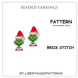 grinch beaded earrings, brick stitch pattern for miyuki delicas 11/0, seed beads, new year christmas earrings pattern