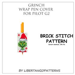 grinch beaded wrap pen cover pilot g2, brick stitch pattern for miyuki delicas 11/0, new year christmas pattern for pen