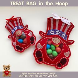 ITH Peekabo Bag USA Gnome Patriotic 4th of July Treat Bag digital design for Machine Embroidery