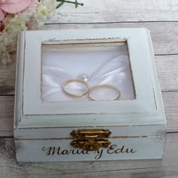Rustic Wooden Wedding Ring Box. Ring Pillow Alternative. White Wedding Ring Bearer.