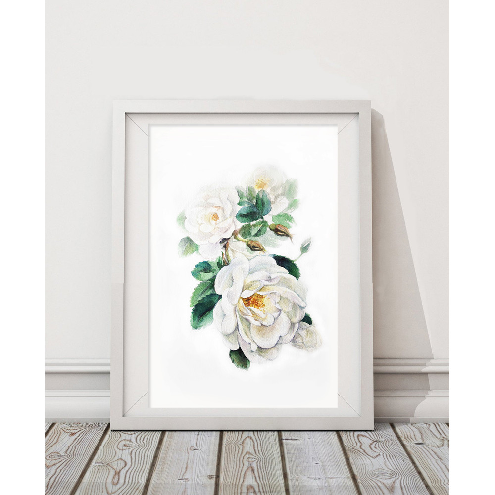 White Roses Watercolor Printable Files Digital Download Jpeg Art Wall Print 0