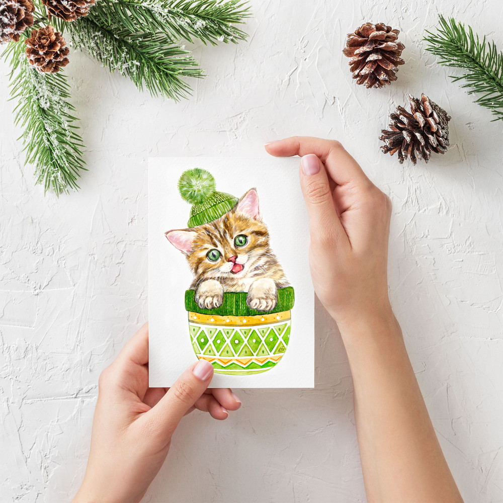 Cute Red Kitten With Green Eyes In A Green Knitting Hat Art Print Printable Download Watercolor Pri 0