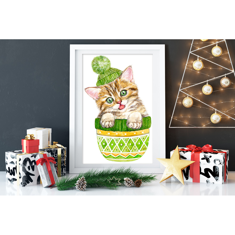 Cute Red Kitten With Green Eyes In A Green Knitting Hat Art Print Printable Download Watercolor Pri 1